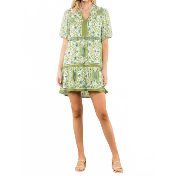 THML Dresses & Skirts - NEW THML puff sleeve abstract print dress in green